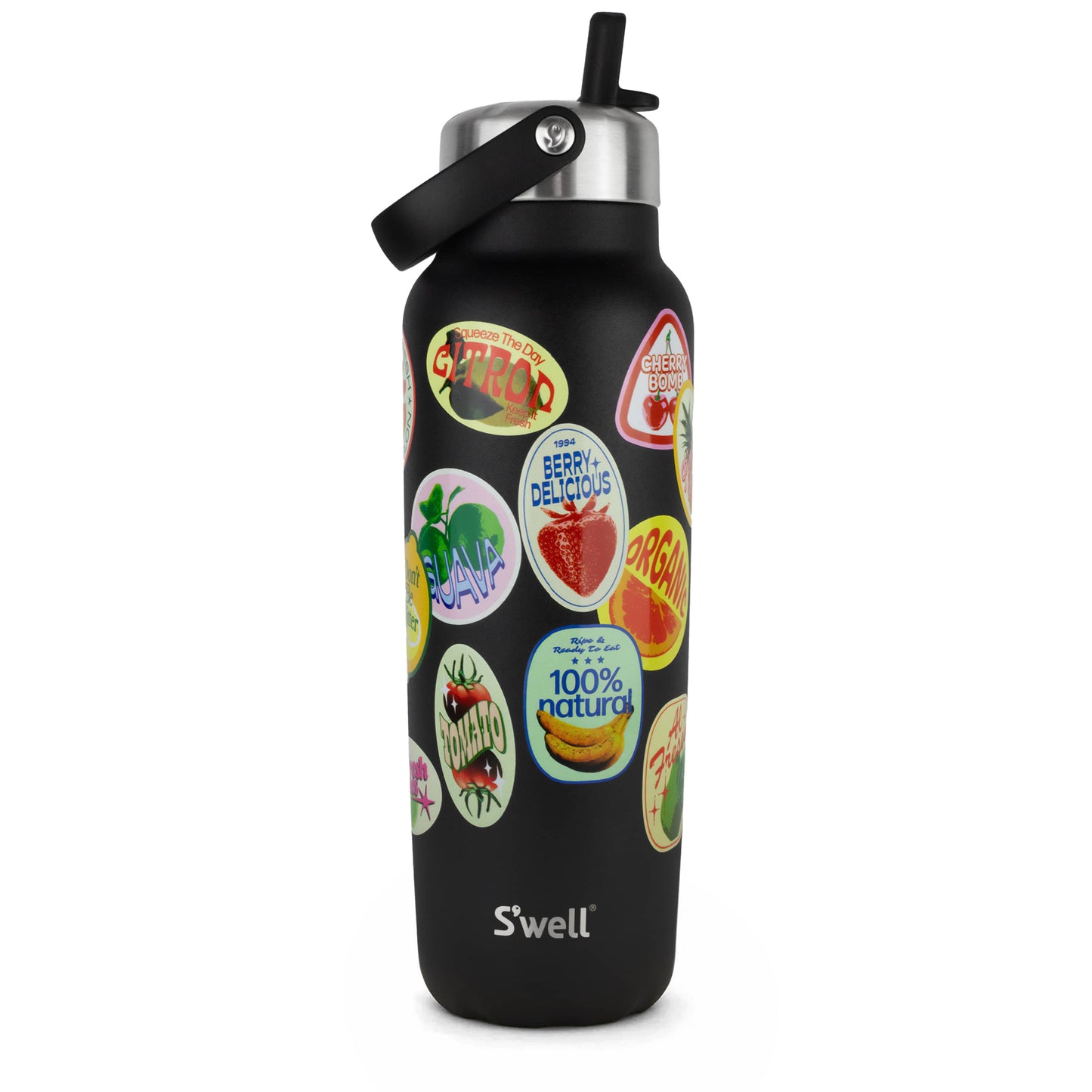 explorer-with-flip-straw-lid-40oz-f3 01_Swell_Fruit_Stand_Stamp_Pattern_Onyx_Black_Front.jpg